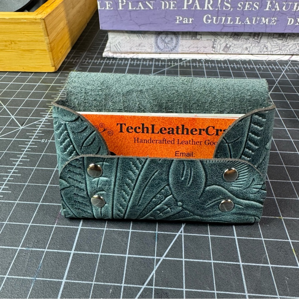 Leather card wallet double stack business card holder -embossed floral sage - Picture 8 of 11